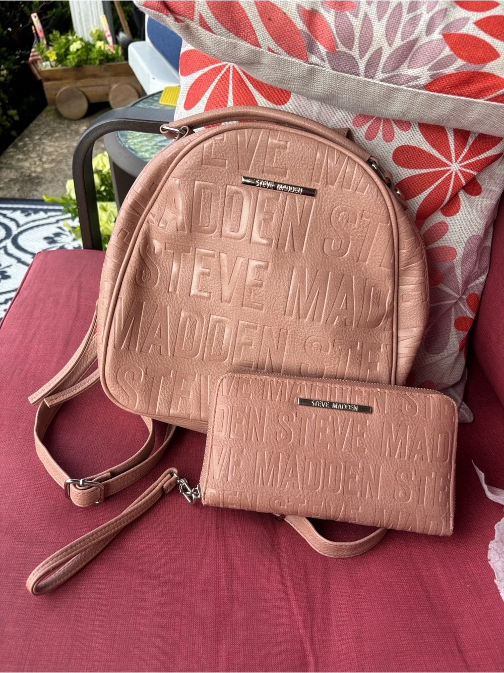 Steve Madden Dusty Pink Embossed Logo Backpack and Wallet Set